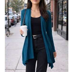 Ya Los Angeles Women's Teal Open Longline Flowy Cardigan Elegant Back Size L